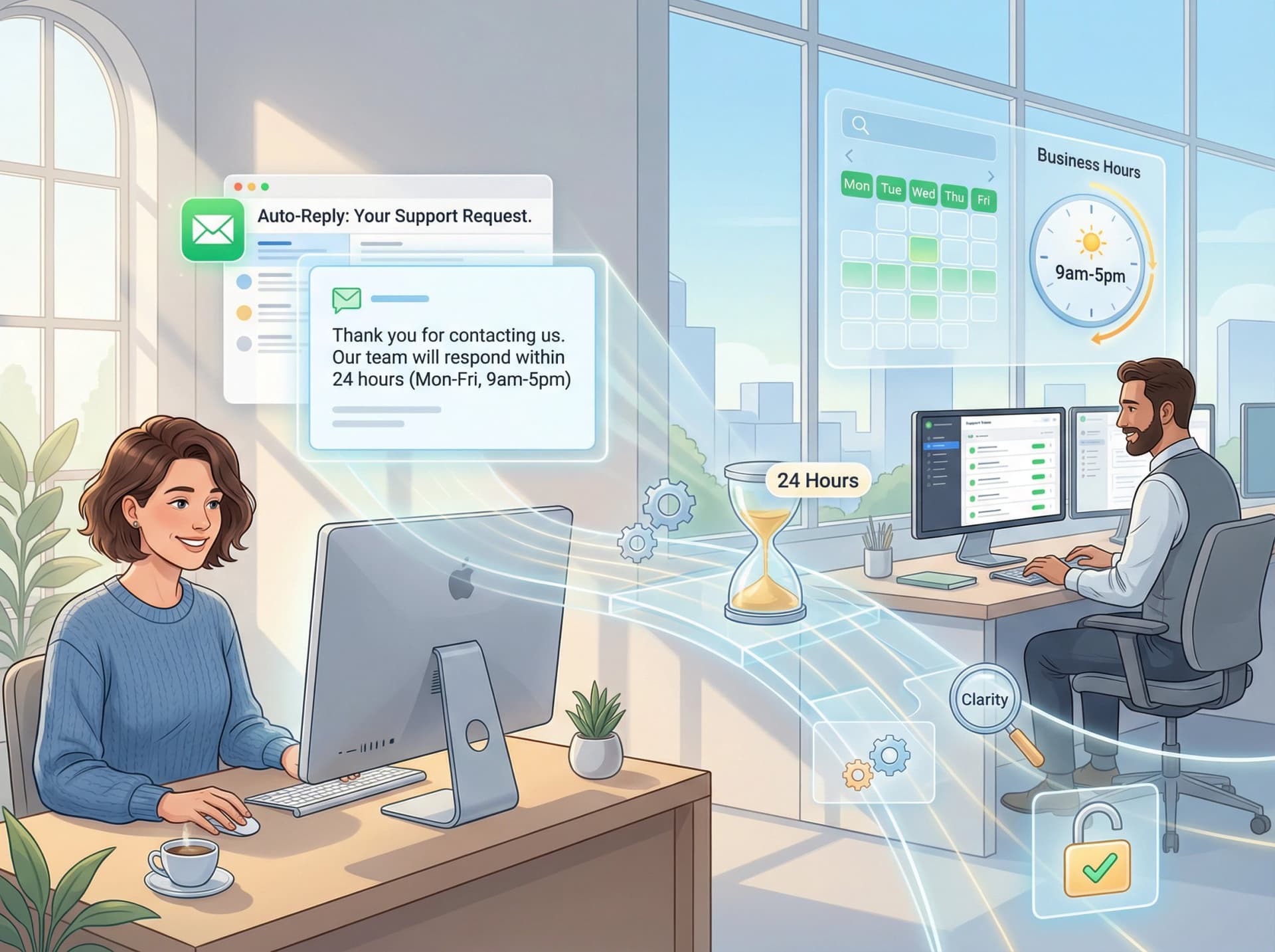 Support team communicating clear SLA and response time expectations to customer with transparent messaging displayed