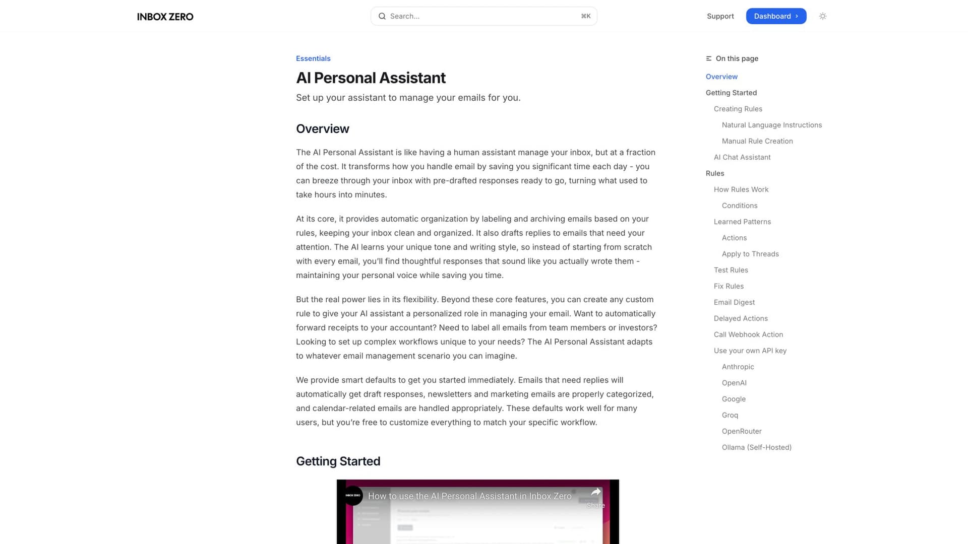 Inbox Zero AI personal assistant interface demonstrating automated email drafting and smart categorization for support teams